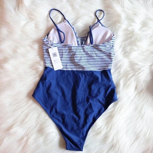 NEW Blue & White Stripe One Piece Bathing Suit Size Medium - Picture 5 of 8